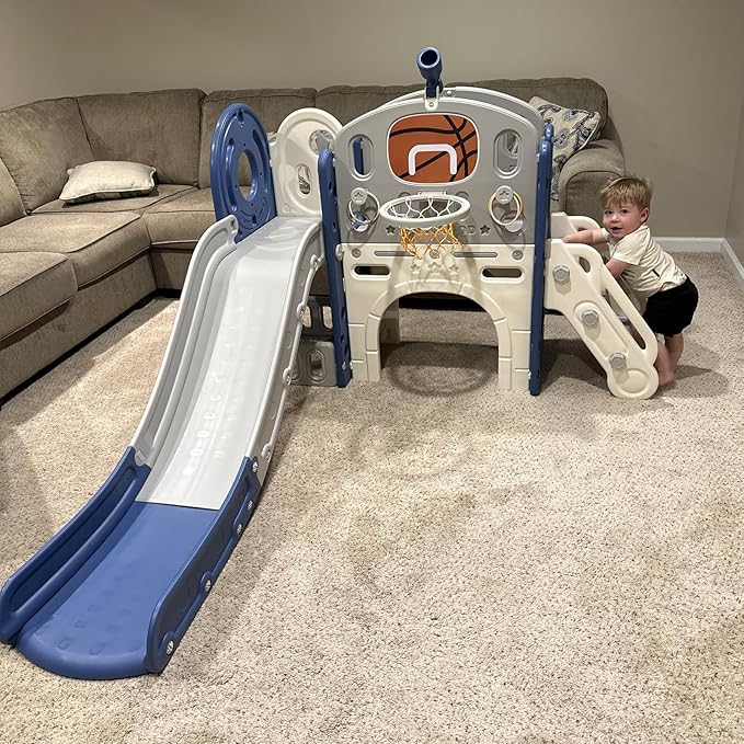 XJD 8 in 1 Toddler Slide Set, Kids Slide for Toddlers Age 1+, Toddler Climber Slide PlaySet with Basketball Hoop and Ball,Outdoor Indoor Playground for Toddlers 1-3 (Blue Gley, 8 in 1)