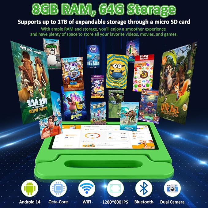 Tablet for Kids, 10.1 inch IPS HD Touchscreen Android 14 64 GB Storage, 8GB RAM, Octa Core Kids Tablet, Parental Controls, 12-hr Battery, WiFi, GPS - Green