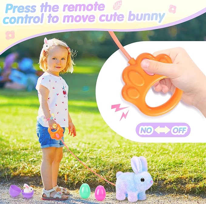 Plush Bunny Easter Toys for Kids,Interactive Bunny with Sounds,Can Walk and Wag Tail with Remote Control Leash,Easter Eggs with Surprise,Easter Birthday Gift for Toddlers
