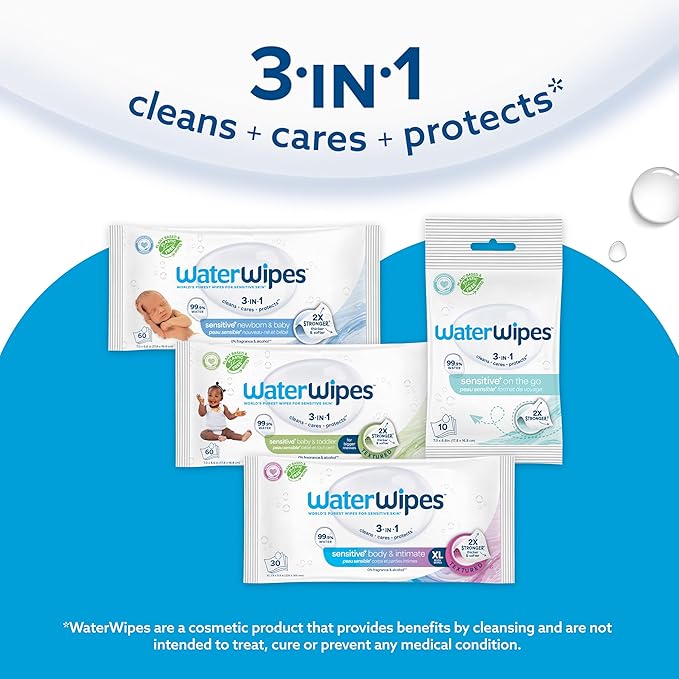 WaterWipes Sensitive+ Baby & Toddler Wipes, 3-In-1 Cleans, Cares, Protects, 99.9% Water, Textured Clean, Unscented & Hypoallergenic, 1080 Count (18 Packs)