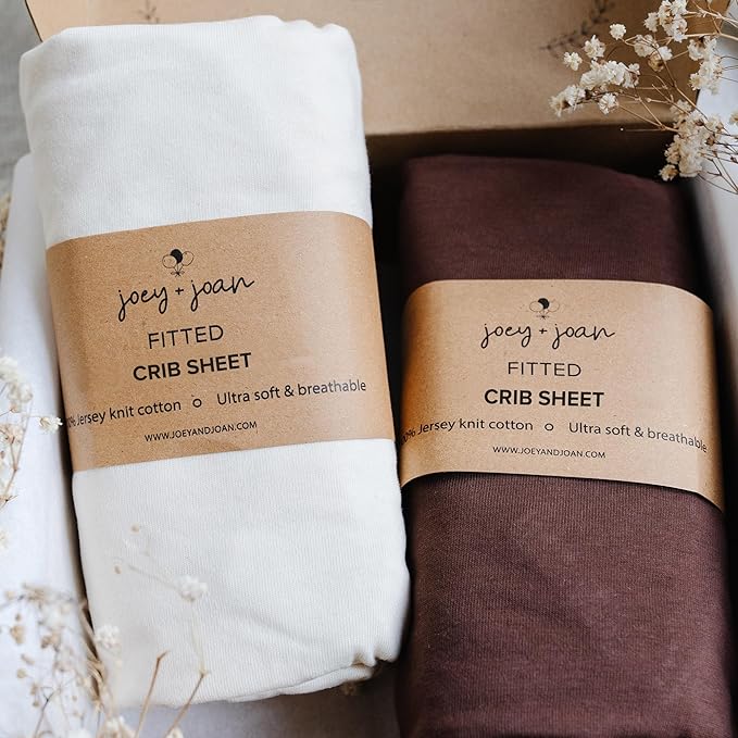 Joey + Joan Fitted Crib Sheets 28 x 52 – Compatible with Standard Crib Mattress and Toddler Bed – 100% Jersey Cotton – Cream + Brown – 2 Pack