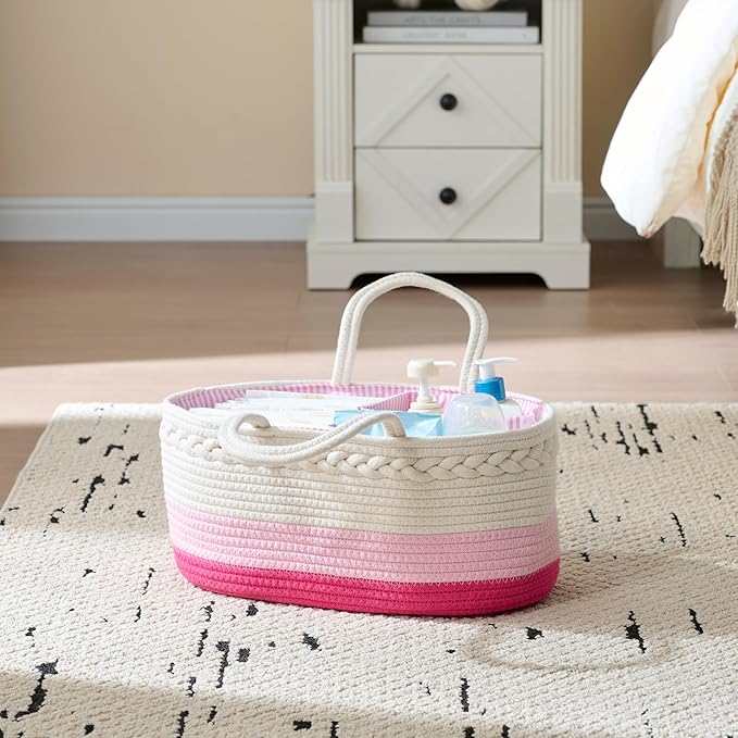 Baby Diaper Caddy Organizer, Extra Large Cotton Rope Nursery Diaper Basket, Changing Table Organizer, Portable Tote Bag with Divider, Car Storage, Baby Shower Gifts for Newborn Girls - Pink