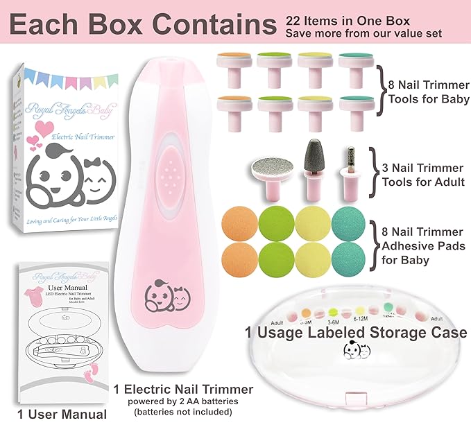 Baby Nail Trimmer 21 in 1, Usage Labeled Case & 13 Extra Replacement Tools, Royal Angels Baby Electric Nail File, Baby Nail Care, Nail Clipper Newborn Toddler Toes & Fingernails Nail Kit (Pink)