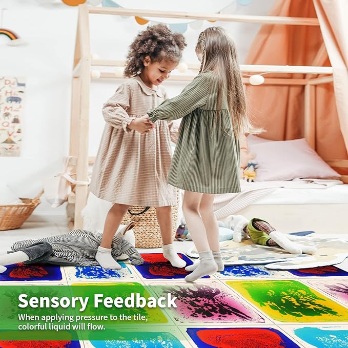 LONGKING 12" X 12" Sensory Tiles for Activity Play Centers for Children, Sensory Floor Tiles, Liquid Floor Tiles, Autism Sensory Poducts, Green-Yellow