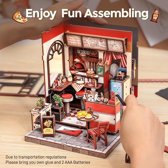 CUTEBEE Book Nook Kit - DIY Miniature House Dollhouse Kit for Adults and Teens, Booknook Tiny House Pizza Shop Bookshelf Decor 3D Wooden Puzzle, Gifts for Family, Friends (Uncle Joe's Pizzeria)