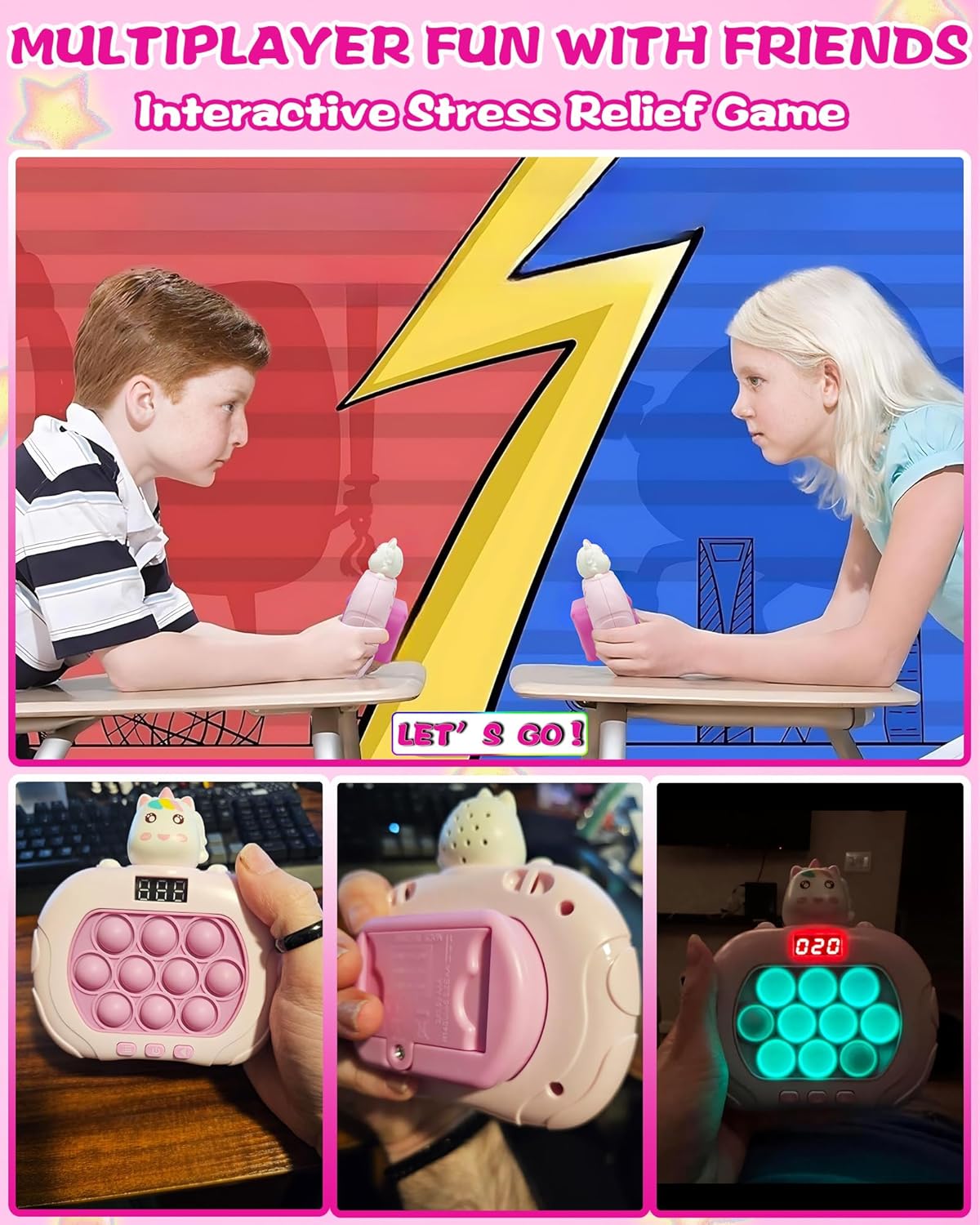 Upgraded Fast Push Game Popping Fidget Toys for Kids, Funny Toys with LED Screen for Kids 3-12, Birthday Gifts for Girls and Boys Bubble Stress,Handheld Puzzle Game Sensory Toys (Unicorn)