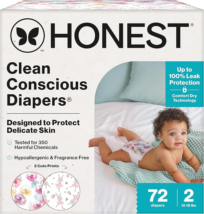 The Honest Company Clean Conscious Diapers for Delicate Skin | Up to 100% Leakproof | Hypoallergenic, Fragrance Free | Girl Prints | Club Box, Size 2 (12-18 lbs), 72 Count (Prints May Vary)