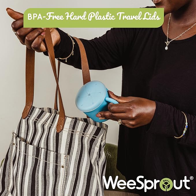 WeeSprout Snack Containers, Food Grade Silicone Cups, Spill-Proof Tops For Toddlers and Babies, Premium Hard Plastic Travel Lids, Dishwasher Safe, Set of 2 Snack Catchers