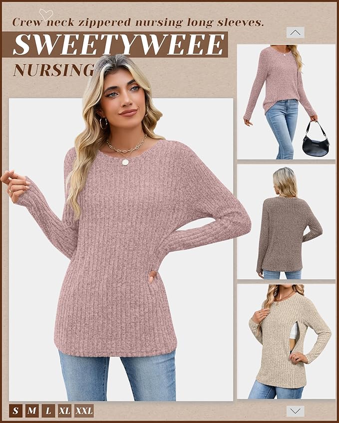 3 Pack Women's Nursing Long Sleeve Tops Breastfeeding Thermal Sweaters with Hidden Zipper Maternity Ribbed Shirts