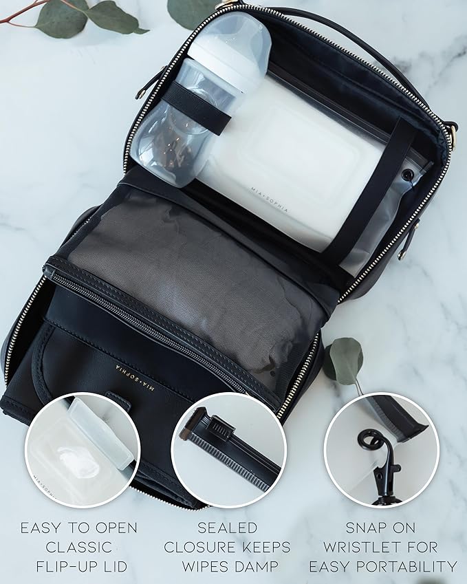 MIA + SOPHIA Set of 2 Baby Wipe Holder, Portable Reusable Wipes Pouch, Stylish Travel Wipes Case, Baby Wipes Dispenser, Wipes Stay Moist Longer, Attaches Easily with Included Wristlet