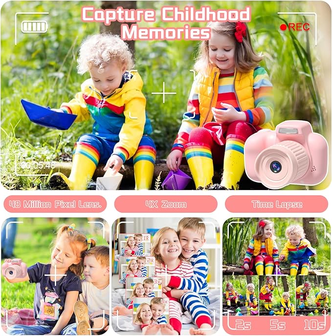 Temodu Kids Camera, Best Birthday Festival Toys Gifts for Girls Boys Age 3 4 5 6 7 8 9 10 11 12 Year Old, Digital Camera for Kids with Video, Toy Camera Toddler Camera for Girls with 32GB Card - Pink