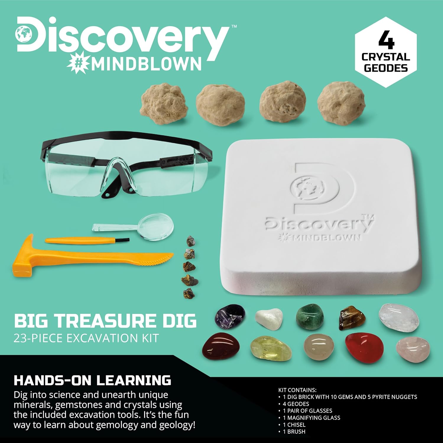 Discovery™ Big Treasure Dig STEM Kit – 23-Piece Excavation Set for Kids| Dig for 15 Gemstones, 4 Crystal Geodes & Pyrite Nuggets| Real Tools| Educational Geology Toy| Science Activity Gift| Ages 8+