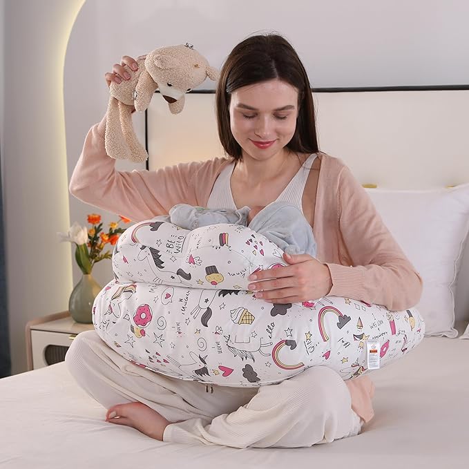 Nursing Pillow for Breastfeeding,Ergonomic Baby Feeding Pillows with Removable Washable Cotton Slipcover, Adjustable Waist Strap,Plus Size,More Support for Mom and Baby(Unicorn)
