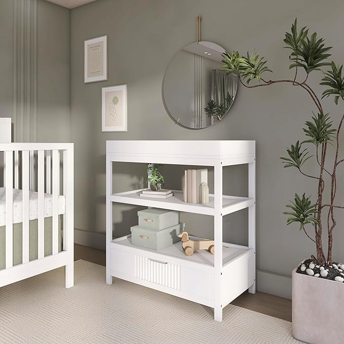 Dream On Me Ivy Baby Changing Table – Compact Modern Changing Station with Spacious Drawer & 2 Open Shelves, New Zealand Pinewood, Easy-to-Clean Non-Toxic Finish, Space-Saving Nursery Storage – White