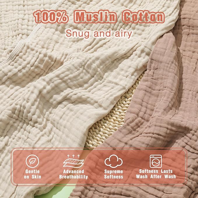 Muslin Hooded Baby Towels, 2 Pack 100% Cotton 32x32Inch Baby Bath Towel with Hood for Babies, Infant, Toddler, Soft and Absorbent Newborn Essential. (Light Bean Paste)