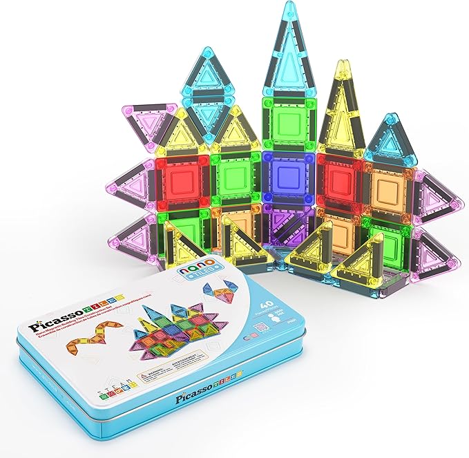 PicassoTiles 40pc Nano Mini Magnetic Tile Construction Building Blocks Travel Toy Set with Storage Case STEM Educational Fun Learning Magnet Tiles Stacking Toys for Toddlers Girls Boys Ages 3+ PN01