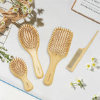 Bamboo Hair Brush and Comb Set for Women Men and Kids,Natural Bamboo wood Wide-tooth brush and tail comb - Paddle Detangling Brush for Wet Dry Curly Hair