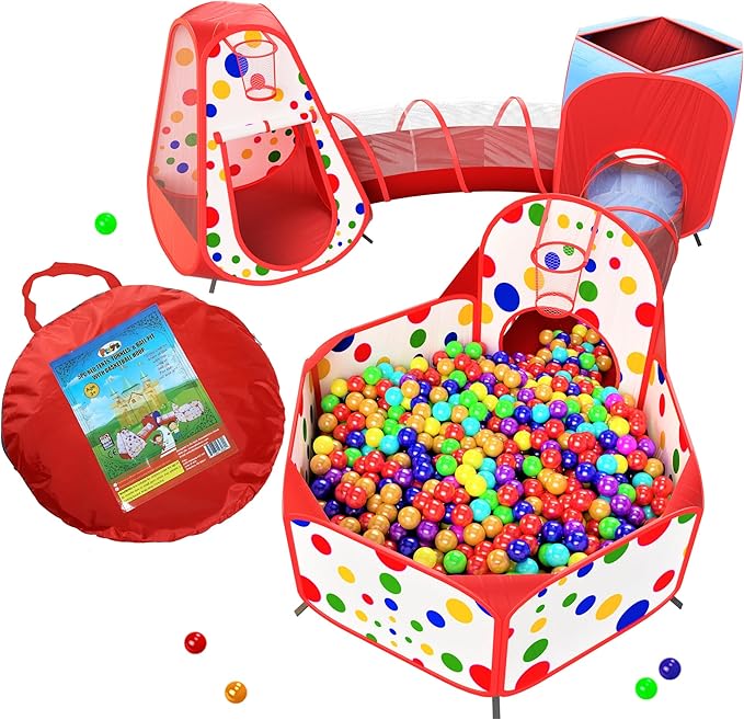 Playz 5-Piece Kids Play Tents Crawl Tunnels and Ball Pit Popup Bounce Playhouse Tent with Basketball Hoop for Indoor and Outdoor Use with Red Carrying Case