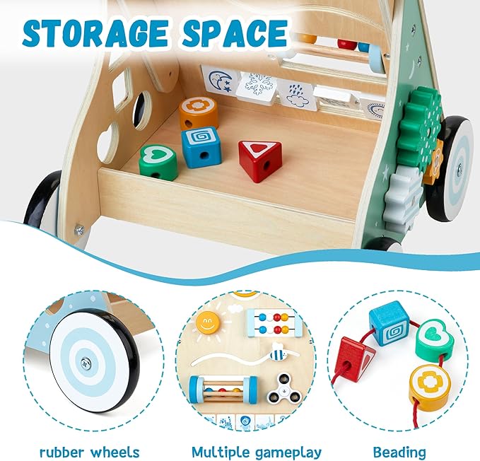 Wooden Baby Walker, 10 in 1 Baby Activity Center Walker Adjustable Wood Toddler Walker Push Walker Toy for Boys and Girls (BW001)