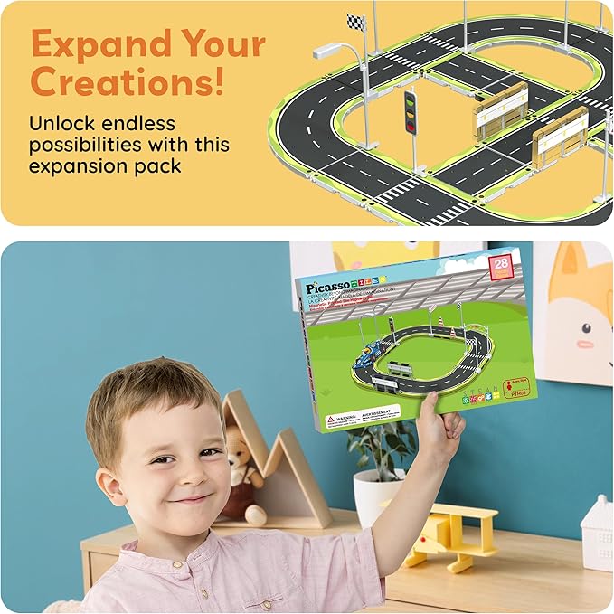 PicassoTiles Magnet Tile Building Block Construction Toy Set Street Sign Traffic Kit Highway Road Race Track with Bumper Barricade Accessory Sticker Education Magnetic Tiles Kids Age 3+ PTR03