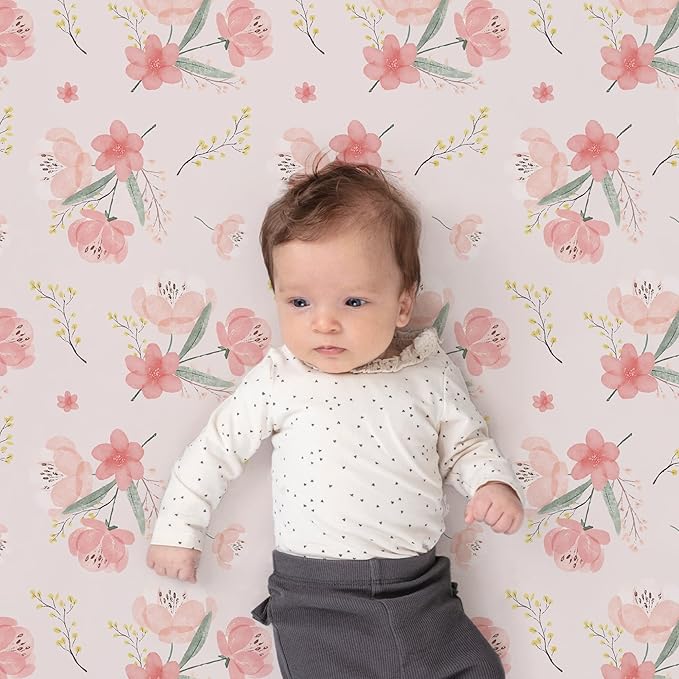 Pack n Play Stretchy Fitted Playard Sheet Set BROLEX 2 Pack Portable Mini Crib Sheets,Convertible Playard Mattress Cover,Ultra Soft Material,Pink Blossom