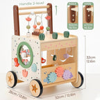 PairPear Wooden Baby Walker,6 in 1 Dinosaur Play Walker Adjustable Speed Push Cart with Brake & Shape Sorter,Natural Solid Wood Activity Center Toy for Toddlers 12M+