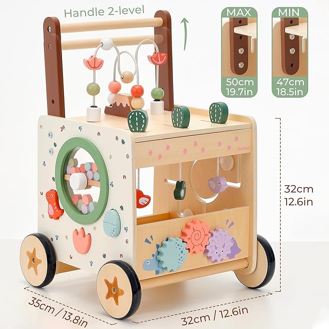 PairPear Wooden Baby Walker,6 in 1 Dinosaur Play Walker Adjustable Speed Push Cart with Brake & Shape Sorter,Natural Solid Wood Activity Center Toy for Toddlers 12M+