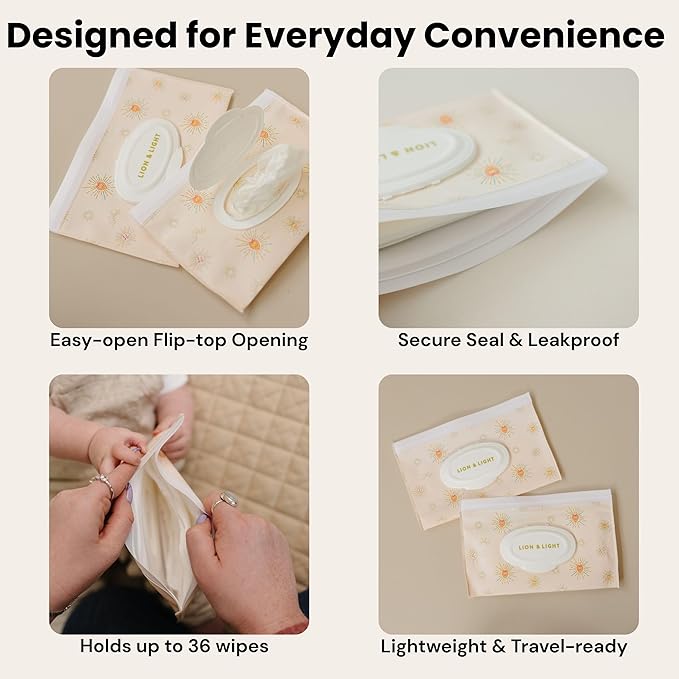 Lion & Light® Baby Wipes Dispenser | 2-pack Travel Wipes Case | Wipe Holder for Diaper Bag | Portable & Refillable Wet Wipe Pouch | Reusable Wipes Case