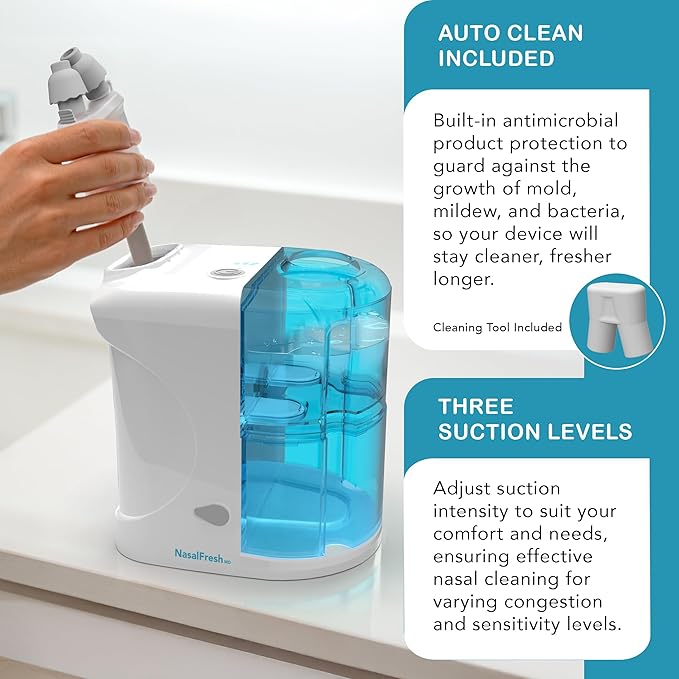 NASALFRESH MD - Dual Powered Nasal Irrigation System Nasal Rinse and Wash - Sinus Decongestant Relief System w/ 30 Saline Packets - Rechargeable - 1 Set of Nose Pillows - Snoring Remedy