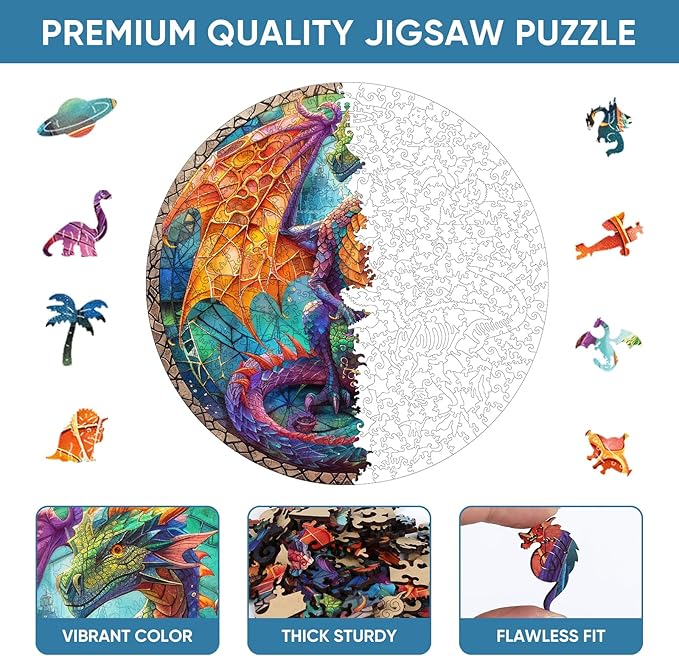 Wooden Puzzles for Adults, Dragon Puzzle Color Challenge Jigsaw Puzzles 300 Piece Royal,12x12.6 in Thickened Unique Shapes Family Reunion Puzzle, Best Gift for Adults and Kids, Family Game
