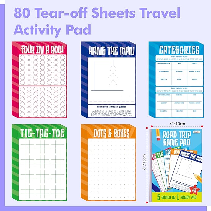 Road Trip Game Pad, 80 Tear-Off Sheets 5 Classic Games in 1 Pad, Dots & Boxes, Tic-tac-Toe, Categories, Plane Travel, Car Trip Activity, Pen Pencil & Paper Game for Kids, Adults (4” x 6”)