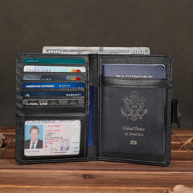 Polare Luxury RFID Blocking Leather Passport Holder Travel Wallet For Men and Women (Black with AirTag Slot(Snap Version))