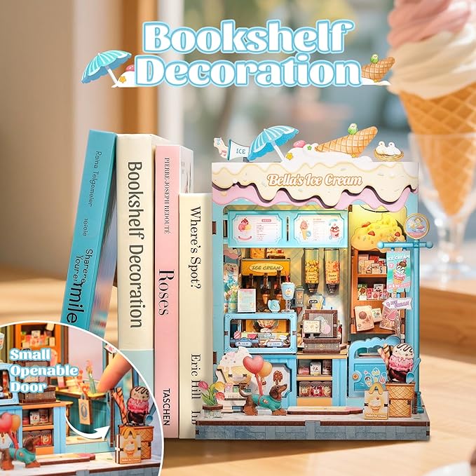 CUTEBEE Book Nook Kit - DIY Miniature House Dollhouse Kit for Adults and Teens, Booknook Tiny House Ice Cream Shop Bookshelf Decor 3D Wooden Puzzle, Gifts for Family, Friends (Bella's Ice Cream)