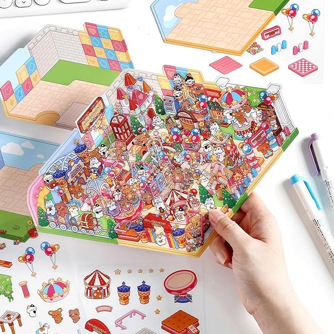 DIY 3D House Stickers, Cute 3D Cartoon Scene for Adult Kids Relief Stress Pass The Time,Cute Make Your Own House Stickers for Gifts Paint by Sticker.(4 Set)