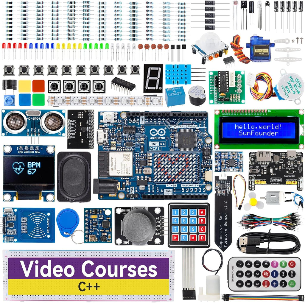SunFounder Elite Explorer Kit with Original Arduino Uno R4 WiFi, RoHS Compliant, Bluetooth IoT ESP32 IIC LCD1602 OLED, Super Starter Kit, Online Tutorials & Video Courses for Beginners & Engineers