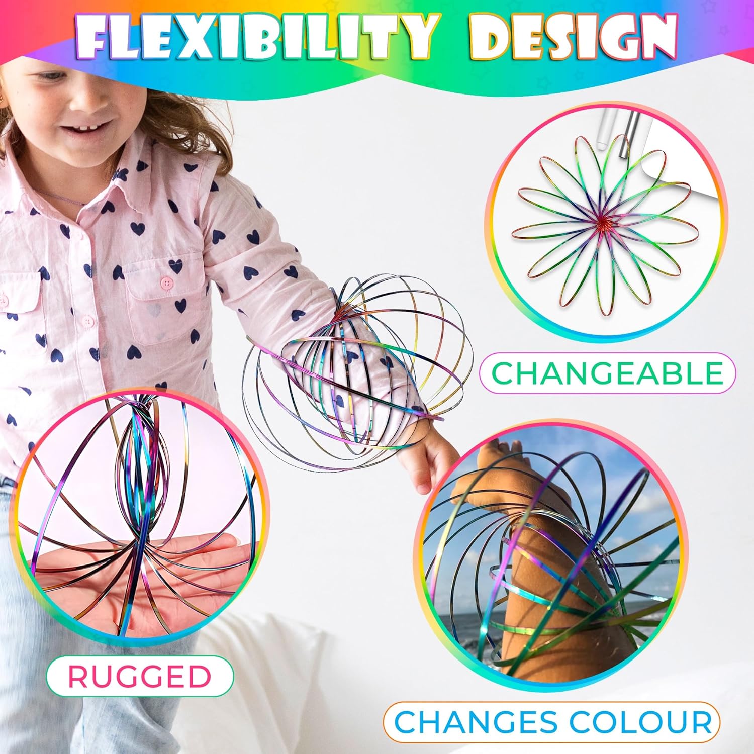 Flow Ring Spinner Ring Arm Toy - Stainless Steel Spring Toy Metal Sensory Rings Flow Toys Magic Flow Bracelet Spinner Rainbow Toy Rings for Girls - Rainbow Bracelet Metal Geometric Spinning Bracelet