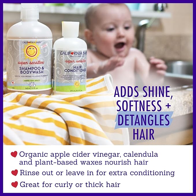 California Baby Super Sensitive Baby Shampoo and Conditioner Set | 100% Plant-Based | 19oz Unscented Body Wash + 8.5oz Fragrance Free Conditioner |