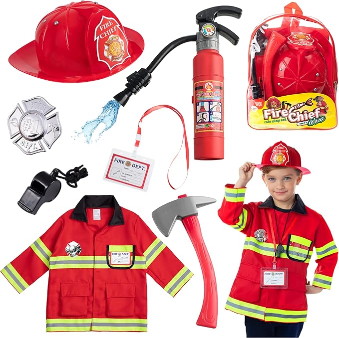 Born Toys 8 PC Premium Washable Kids Fireman Costume Toy for Kids,Boys,Girls,Toddlers, and Children with Complete Firefighter Accessories