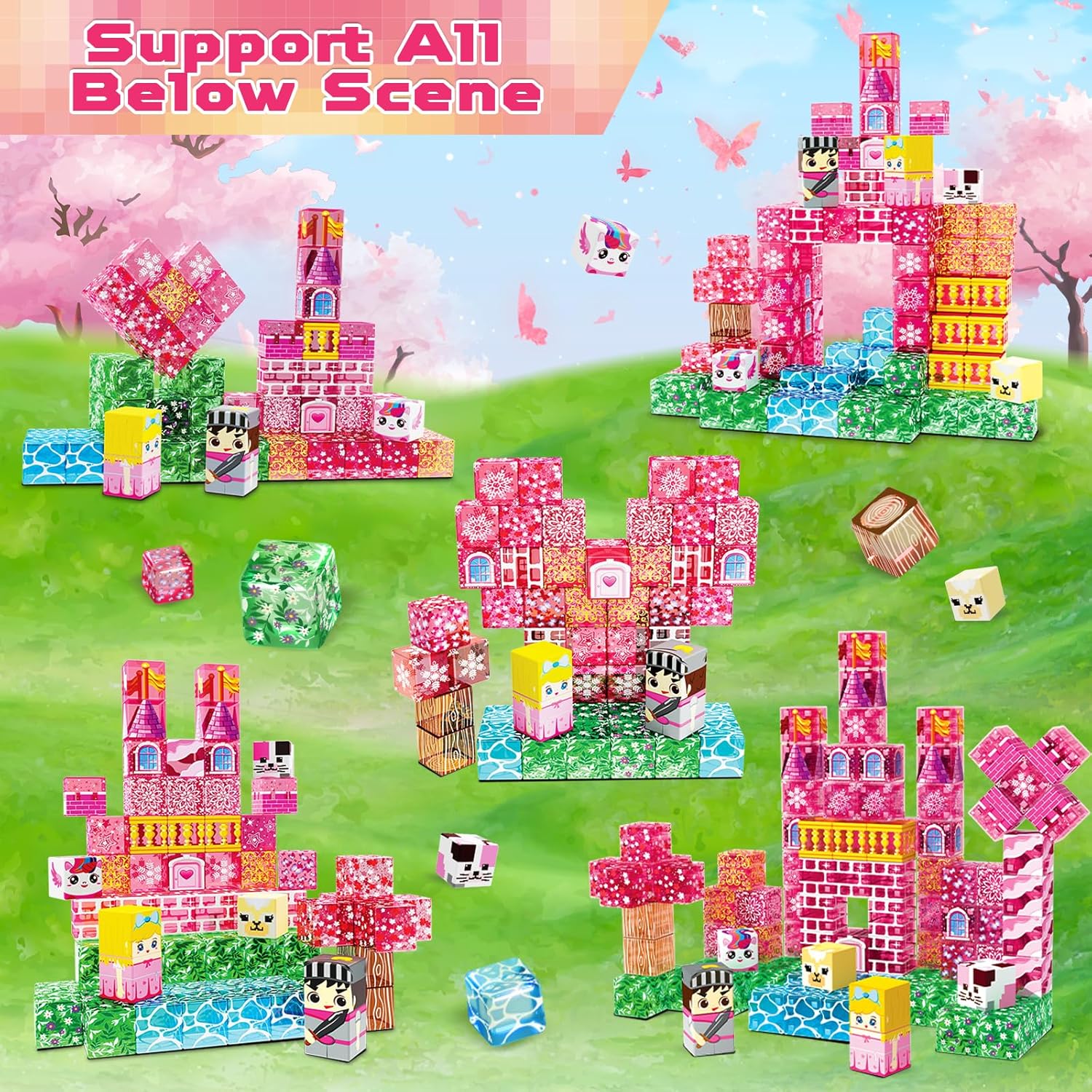 Magnetic Blocks - 100PCS Magnetic Building Block Cubes, Magnet Blocks Transparent Castle Princess Toy Building Sets for Kids, STEM Stacking Magnets Toys, Easter Birthday Gift for Boys Girls Age 4-8
