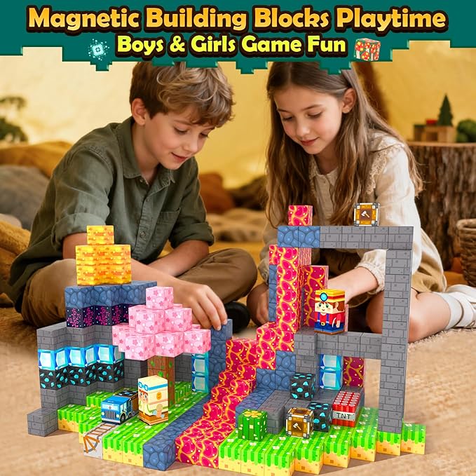 Soyee Magnetic Blocks 100 PCS Building Toys for Ages 4-8 9-12 3-5 Forest & Mine Theme Magnet Building Cubes STEM Sensory Toys for Kids Ages 3 4 5 6 7 8 9 10 11 12 Year Old Boys Girls Birthday Gifts