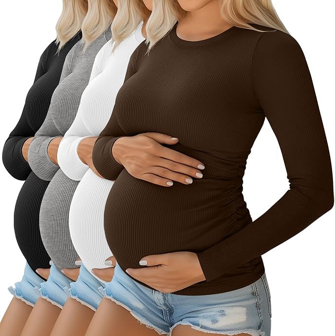 Ficerd 4 Pack Women's Maternity Shirts Cotton Long Sleeve Ribbed Crew Neck Pregnancy Tops Side Ruched Casual Mama Clothes
