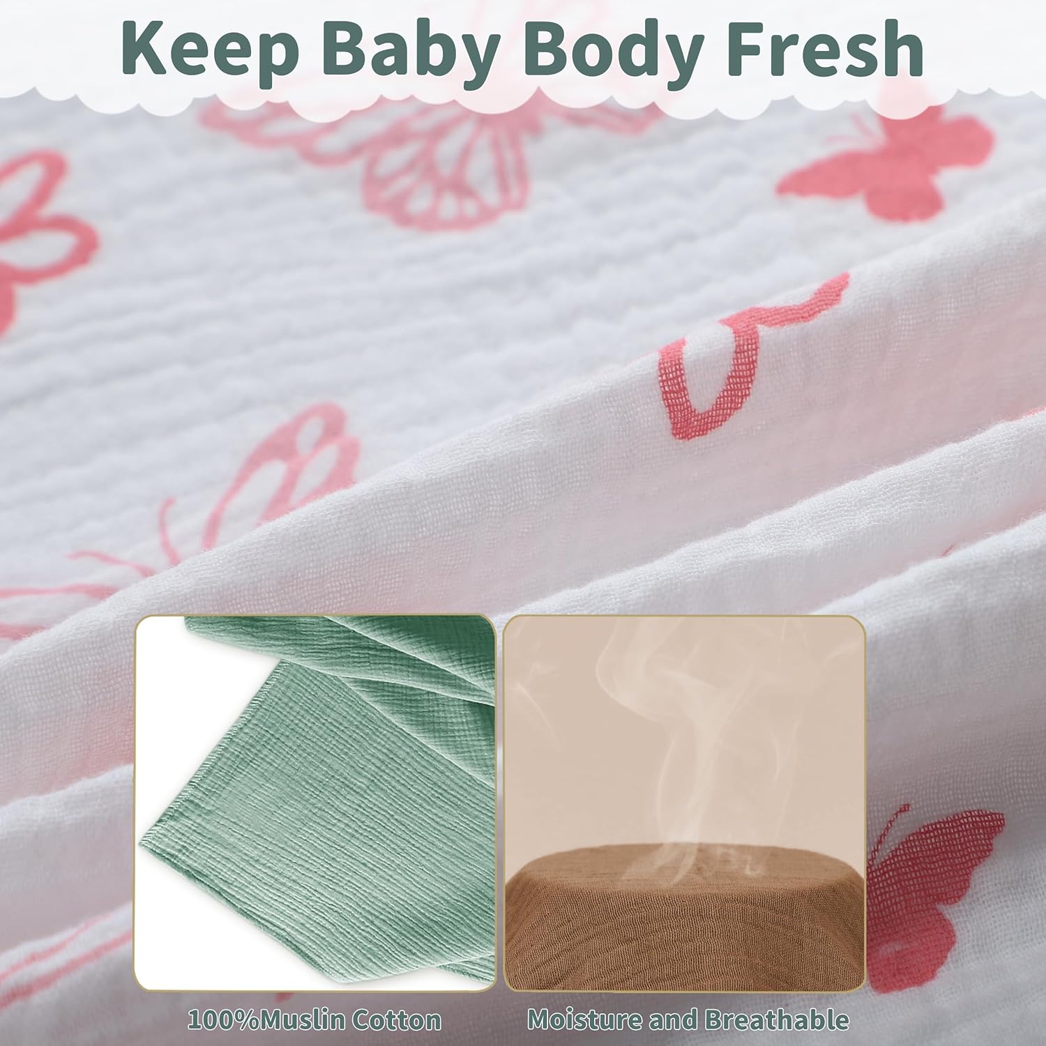 Muslin Swaddle Blankets for Newborn, 2 Pack Breathable Soft Receiving Blanket, Large 41 x 41 inches Swaddle Wrap Burping Clothes, Essentials Infant Shower Items. (Gray & Pink Butterfly)