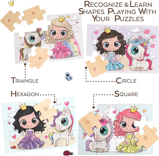 4-in-1 Princess Jigsaw Puzzles for Kids, Wood Puzzles for Kids Ages 3-5 48 Piece Wooden Puzzles for Toddlers 3-5, Wooden Puzzles for Toddlers, Essential Skills Gift for Girls Princesses