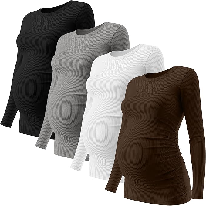 Ficerd 4 Pack Women's Maternity Shirts Cotton Long Sleeve Ribbed Crew Neck Pregnancy Tops Side Ruched Casual Mama Clothes