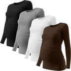 Ficerd 4 Pack Women's Maternity Shirts Cotton Long Sleeve Ribbed Crew Neck Pregnancy Tops Side Ruched Casual Mama Clothes