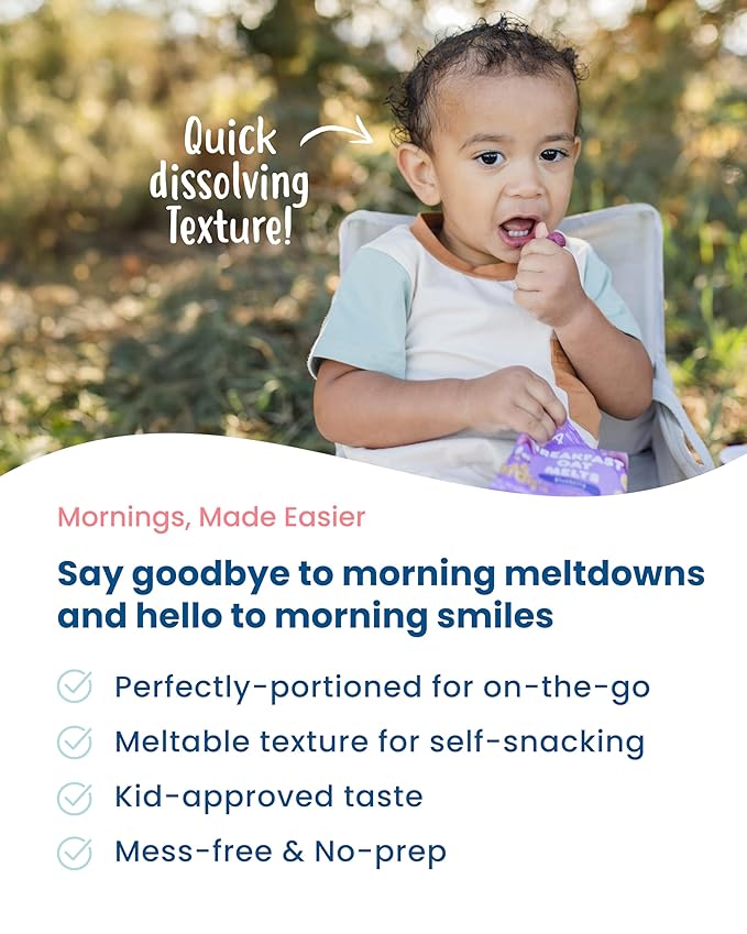 Amara Breakfast Oat Melts - Organic Toddler Snack - Single Serve Fiber-Packed Oat Bites with Real Fruit, No Added Sugar, Quick Dissolving, Strawberry - 12 Pack