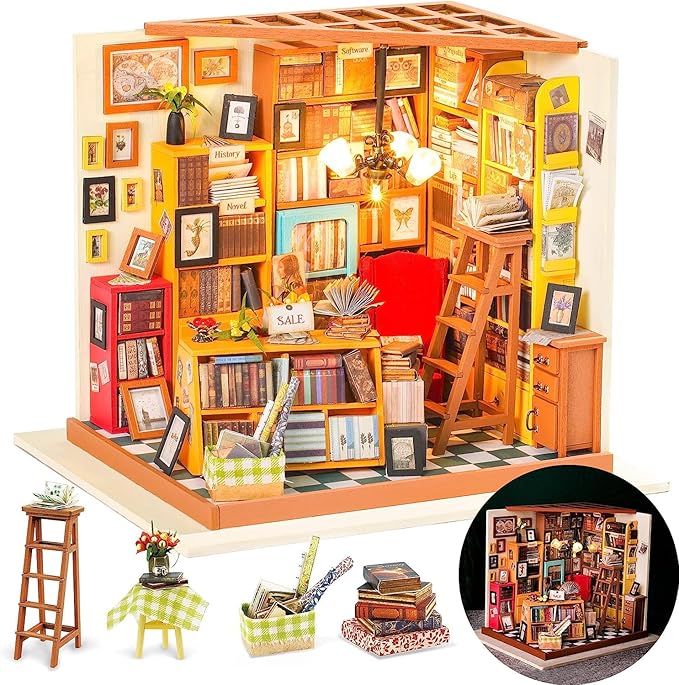 Rolife DIY Miniature House Kit Sam's Study, Tiny House Kit for Adults to Build, Mini House Making Kit with Furnitures, Halloween/Christmas Decorations/Gifts for Family and Friends (Sam's Bookstore)