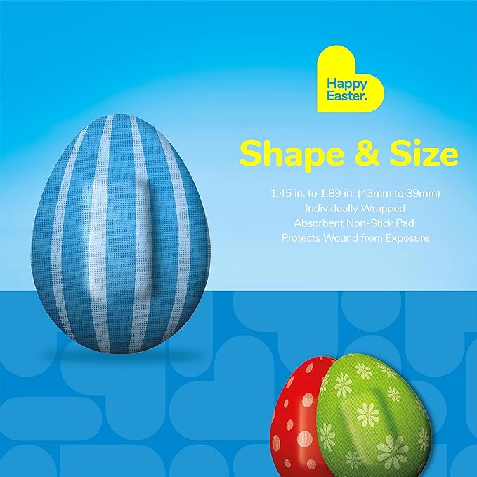 BioSwiss Bandages, Easter Egg Shaped Self Adhesive Bandage, Latex Free Sterile Wound Care, Fun First Aid Kit Supplies for Kids, 24 Count