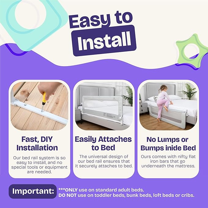 ComfyBumpy 2-Pack Bed Rail for Toddlers 55.5" L x 19.5" H | Toddler Bed Rails for Twin, Full, Queen & King Mattress Size | Swing Down Rail Guard | Mattress Side Rail for Kids | Gray