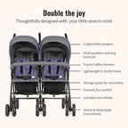 Dream On Me Volgo Twin Umbrella Stroller in Purple, Lightweight Double Stroller for Infant & Toddler, Compact Easy Fold, Large Storage Basket, Large and Adjustable Canopy